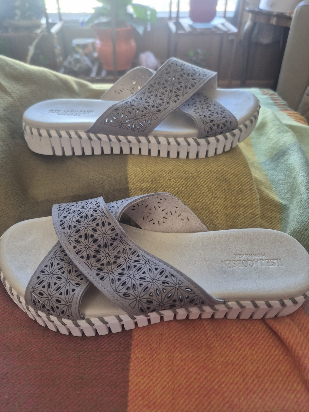 Ilse Jacobsen Grey Laser-Cut Crisscross Slide Sandals